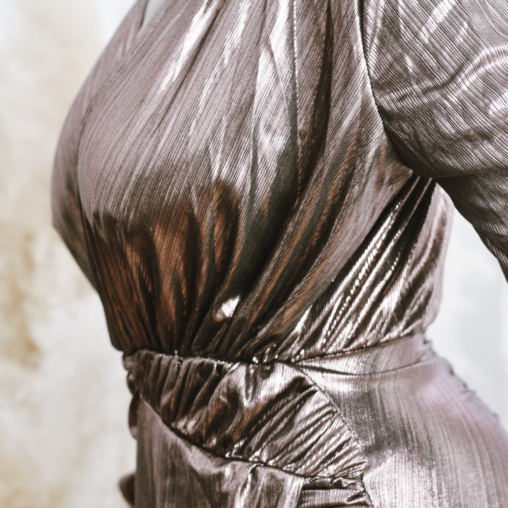 Bronze metallic mini asymmetrical deep-v dress - Picture 7 of 10